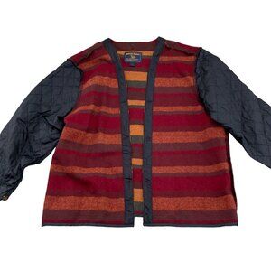Woolrich Coat Blanket Liner Women‎ XLarge Red Brown Stripe Wool Cotton Quilt